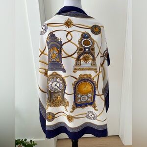 SCARF Square Unsigned Classic Clock Pattern Navy Gold Cream Timeless Chic